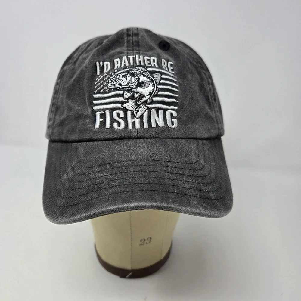 I'd Rather Be Fishing Men's Cap Hat Black Distressed Gray Adjustable